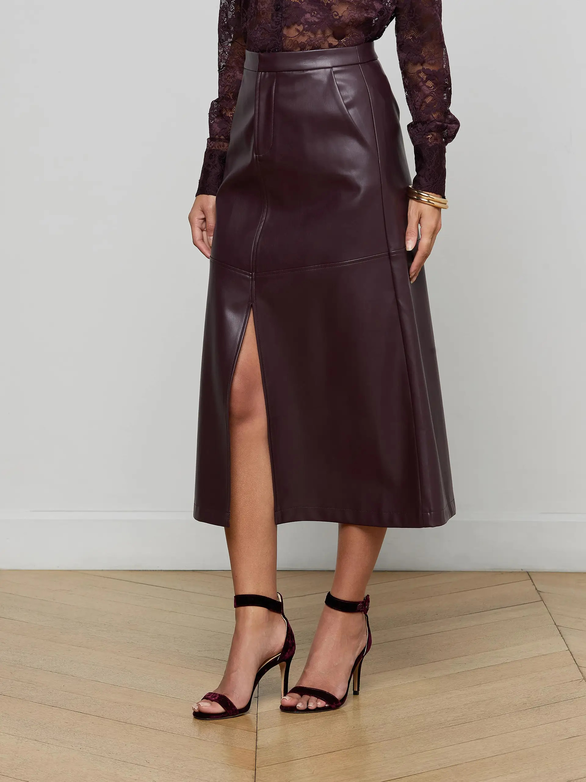 Robyn Vegan Leather Midi Skirt in Dark Malbec | L'AGENCE | L'Agence