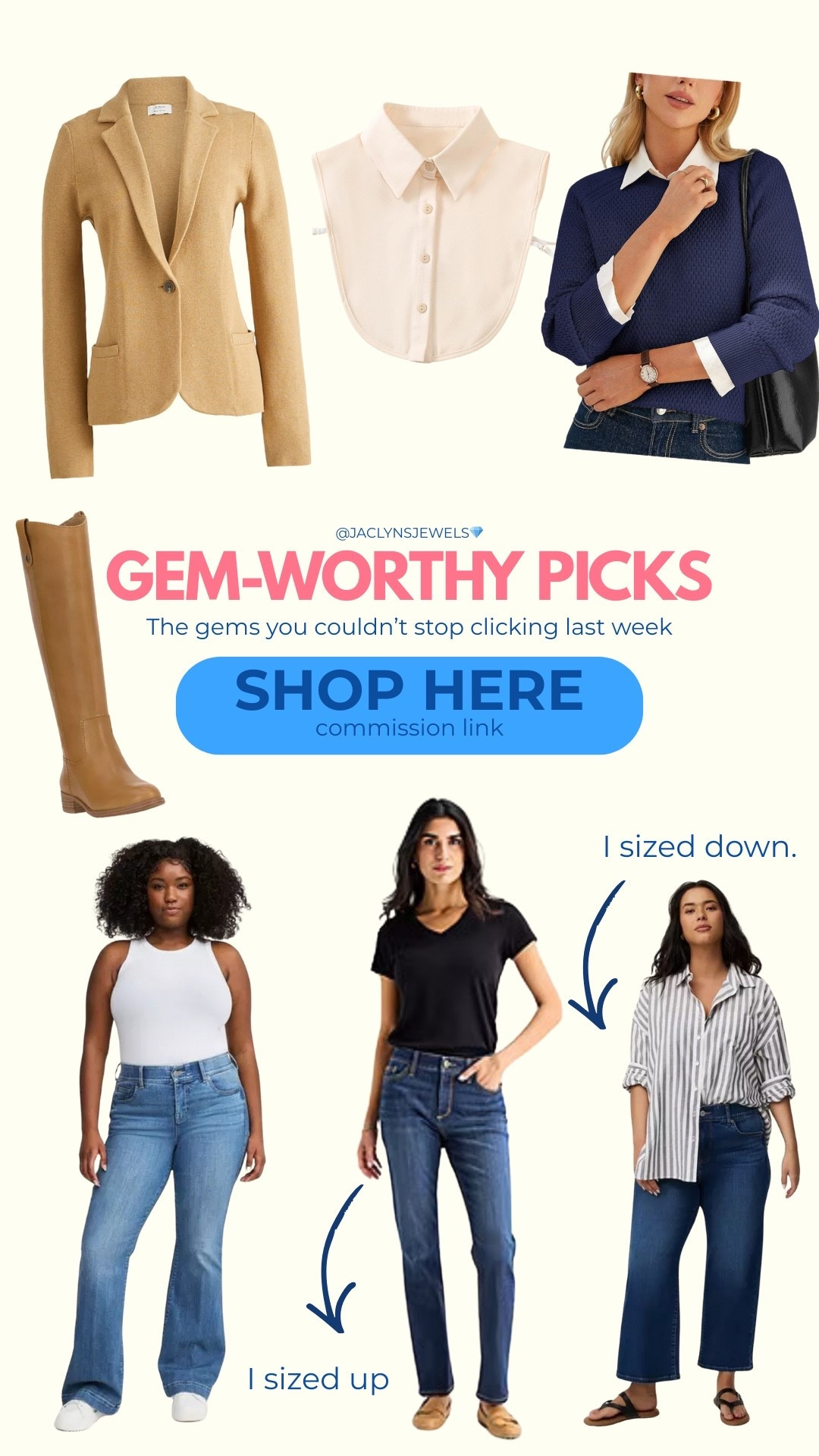 Blazer - I can size down and wear my true size 
Boots - wide calf, true size
Straight jeans - sized up in petite length
Wide leg - sized down but true size would work too

#LTKOver40 #LTKPetite #LTKPlusSize