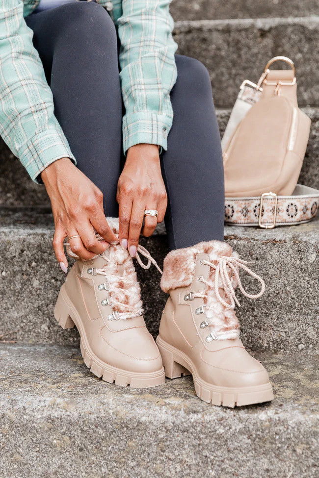 Lizzie Nude Fur Detail Combat Boot | Pink Lily