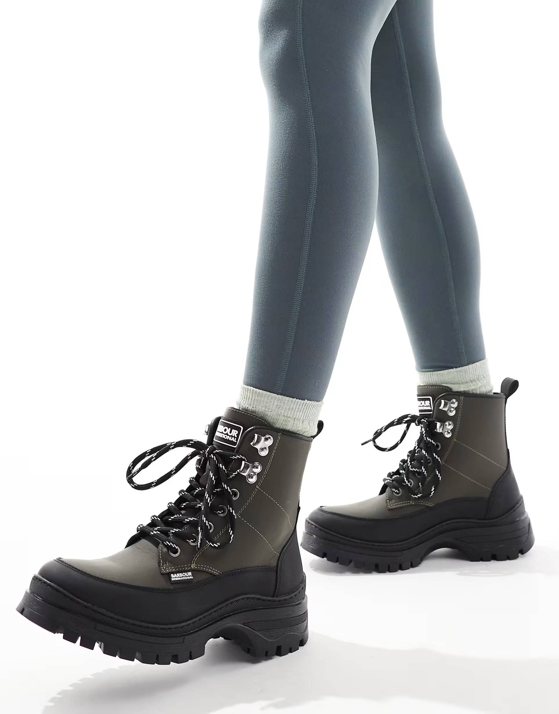 Barbour International Alani leather rubber hiker boots in khaki/black | ASOS (Global)