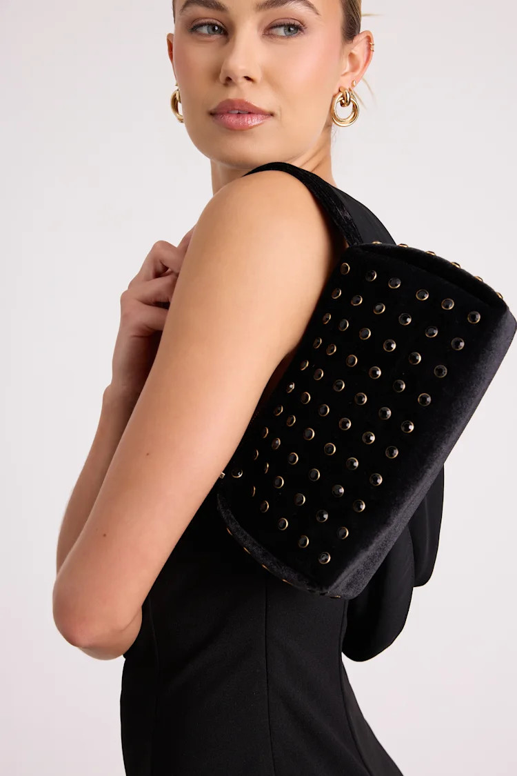 Adele Black Velvet Studded Shoulder Bag | Lulus