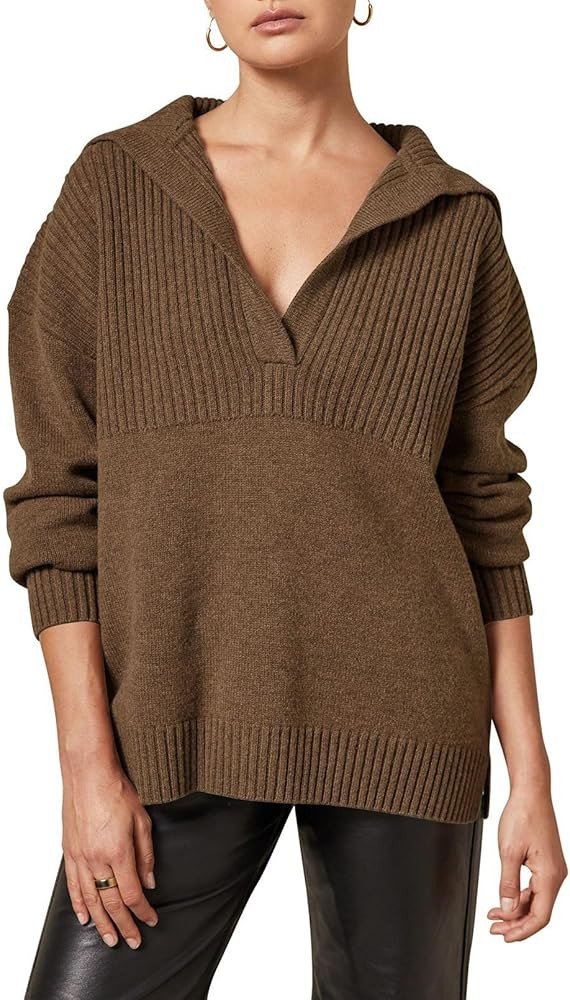 Viottiset Women's Oversized V Neck Lapel Collared Sweater Tunic Pullover Knit Long Sleeve Sweaters | Amazon (US)