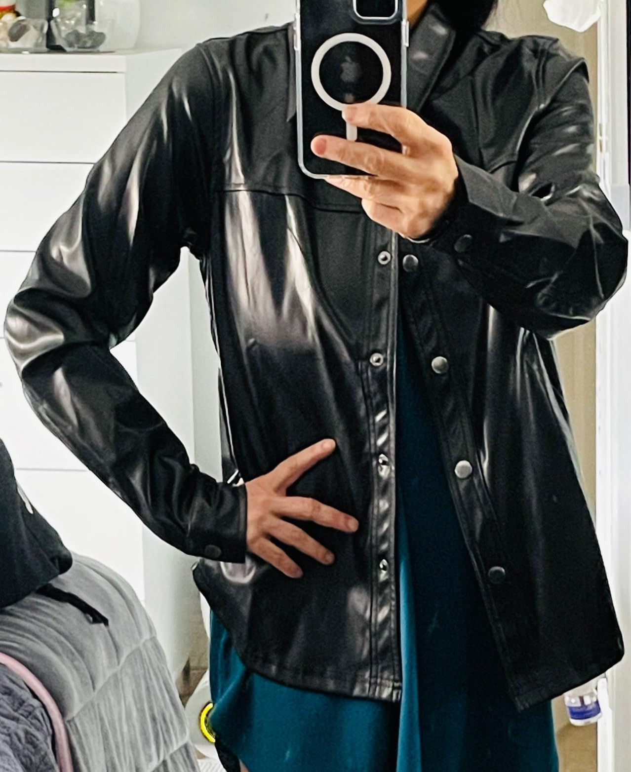 luvamia Faux Leather Jackets for Women Long Sleeves Vegan Leather Shackets Jacket Side Pockets Trendy Moto Biker Coat | Amazon (US)