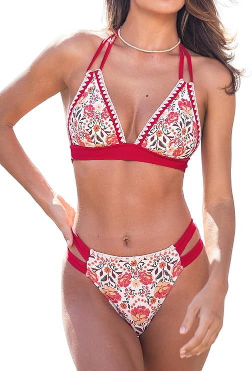 CUPSHE Women's Bikini Sets Two Piece Swimsuit Halter V Neck Back Hook Cutout Stitching Cheeky Bot... | Amazon (US)