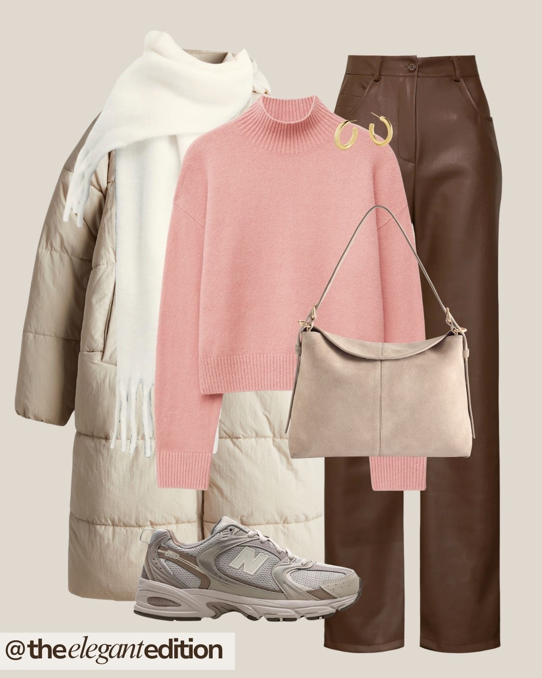 PINK CASUAL LUXE 💕
pink turtleneck sweater cream puffer coat quilted jacket brown leather pants faux vegan taupe handbag shoulder bag New Balance 530 sneakers trainers white scarf cozy winter outfit ideas casual chic elevated sporty style capsule wardrobe

#LTKwinter #LTKstyletip #LTKeurope