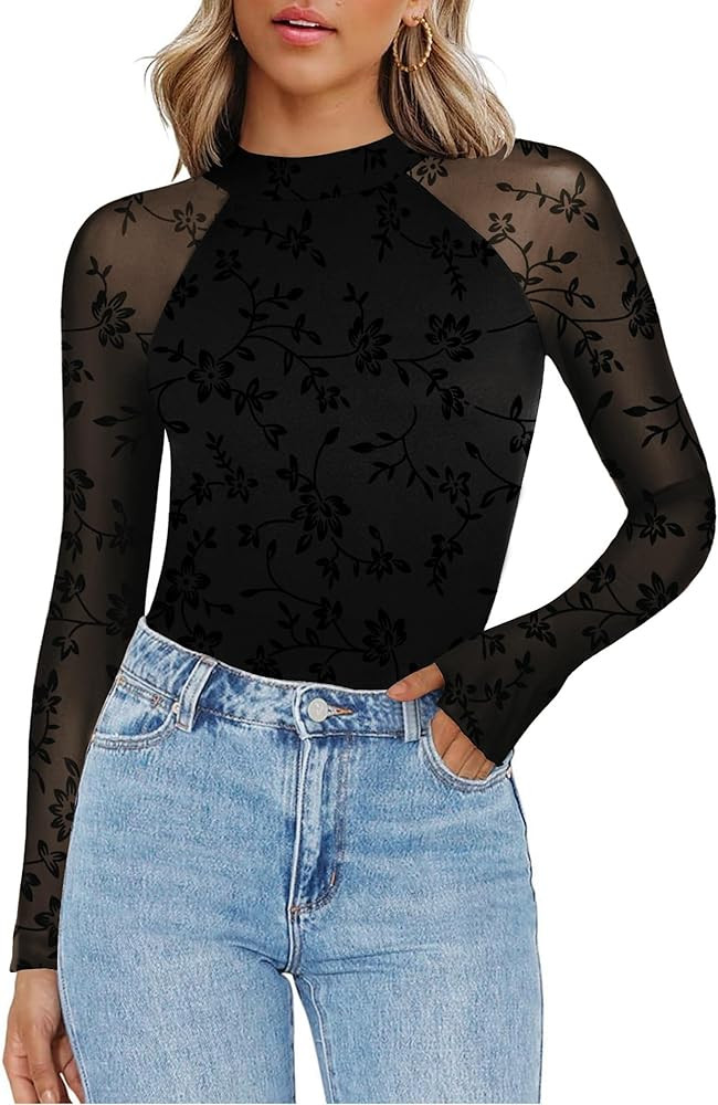 Zeagoo Long Sleeve Shirts for Women Floral Mesh Sheer Top Mock Neck Double Lined Fitted Going Out... | Amazon (US)