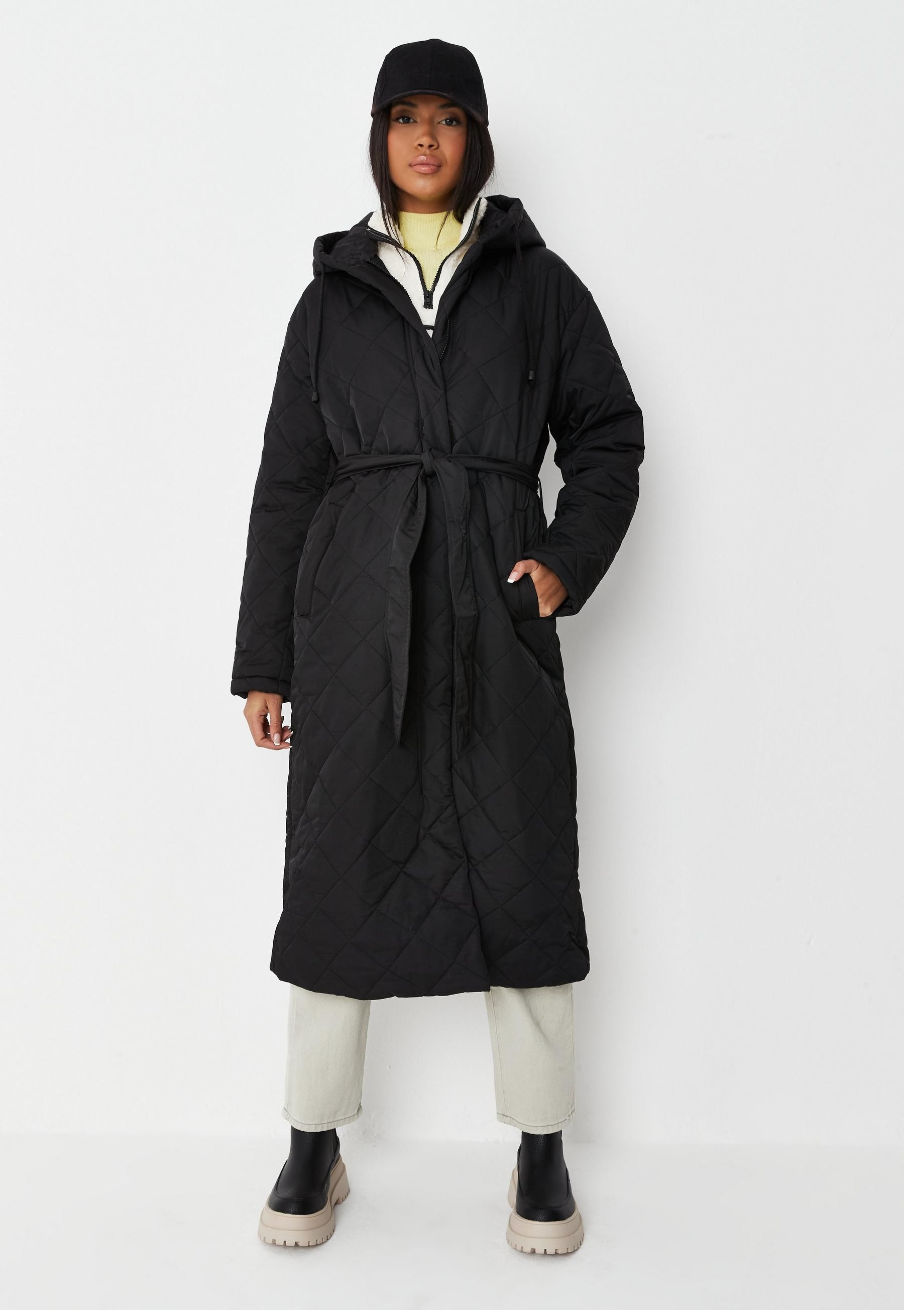 Missguided - Black Diamond Quilted Tie Waist Puffer Coat | Missguided (UK & IE)