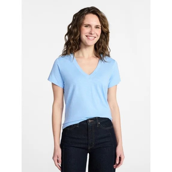 Time and Tru Women's Slub V Neck Tee with Short Sleeves, Sizes XS-XXXL | Walmart (US)