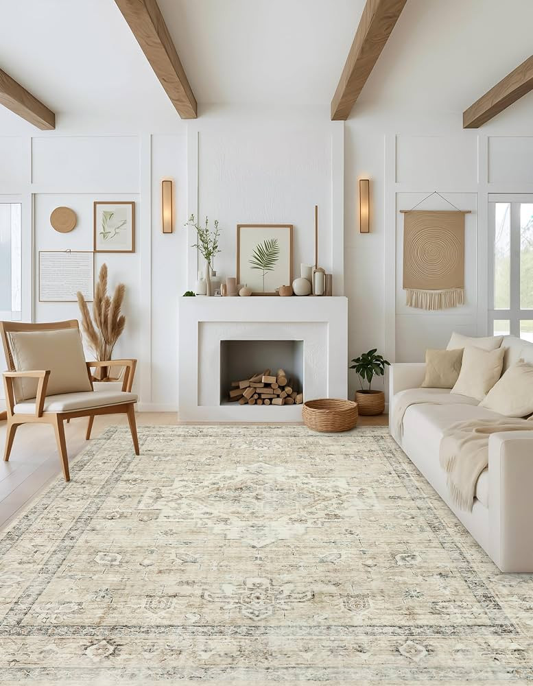 LIVEBOX Washable Beige Area Rugs for Bedroom 8x10, Non Slip Neutral Area Rugs for Living Room, Vi... | Amazon (US)