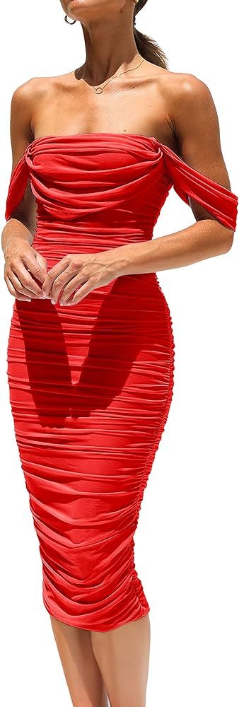 Pretty Garden Womens Summer Off The Shoulder Ruched Bodycon Dresses Sleeveless Fitted Party Club ... | Amazon (US)