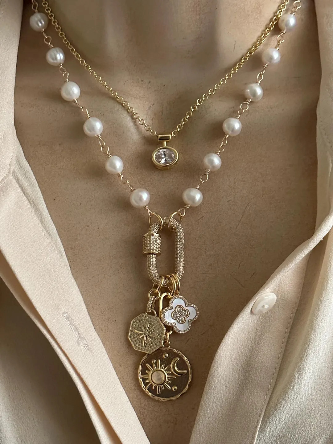 Layered Charms Pearl Necklace/solitaire Necklace - Etsy | Etsy (US)