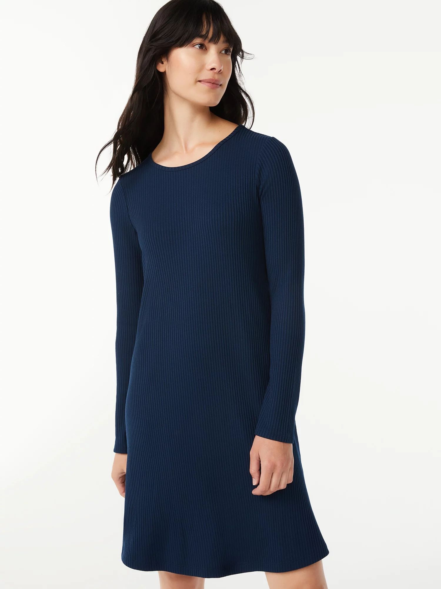 Free Assembly Women's Ribbed Swing Dress with Long Sleeves - Walmart.com | Walmart (US)