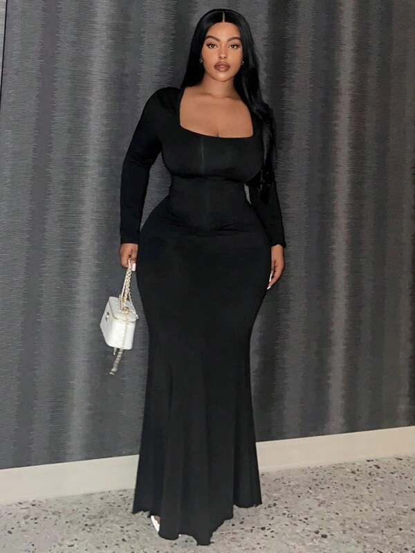 SHEIN Slayr Plus Square Neck Mermaid Hem Bodycon Dress | SHEIN