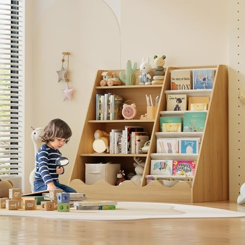 ROXGOX Wood Bookcase for Kids, 4 Tier Kids Bookshelf and Toys Storage Cabinet, Baby Bookshelf with Storage, 5 Shelf Bookcase, Montessori Bookcase Kids Room, Toddler Bookshelf for Nursery Classroom | Amazon (US)