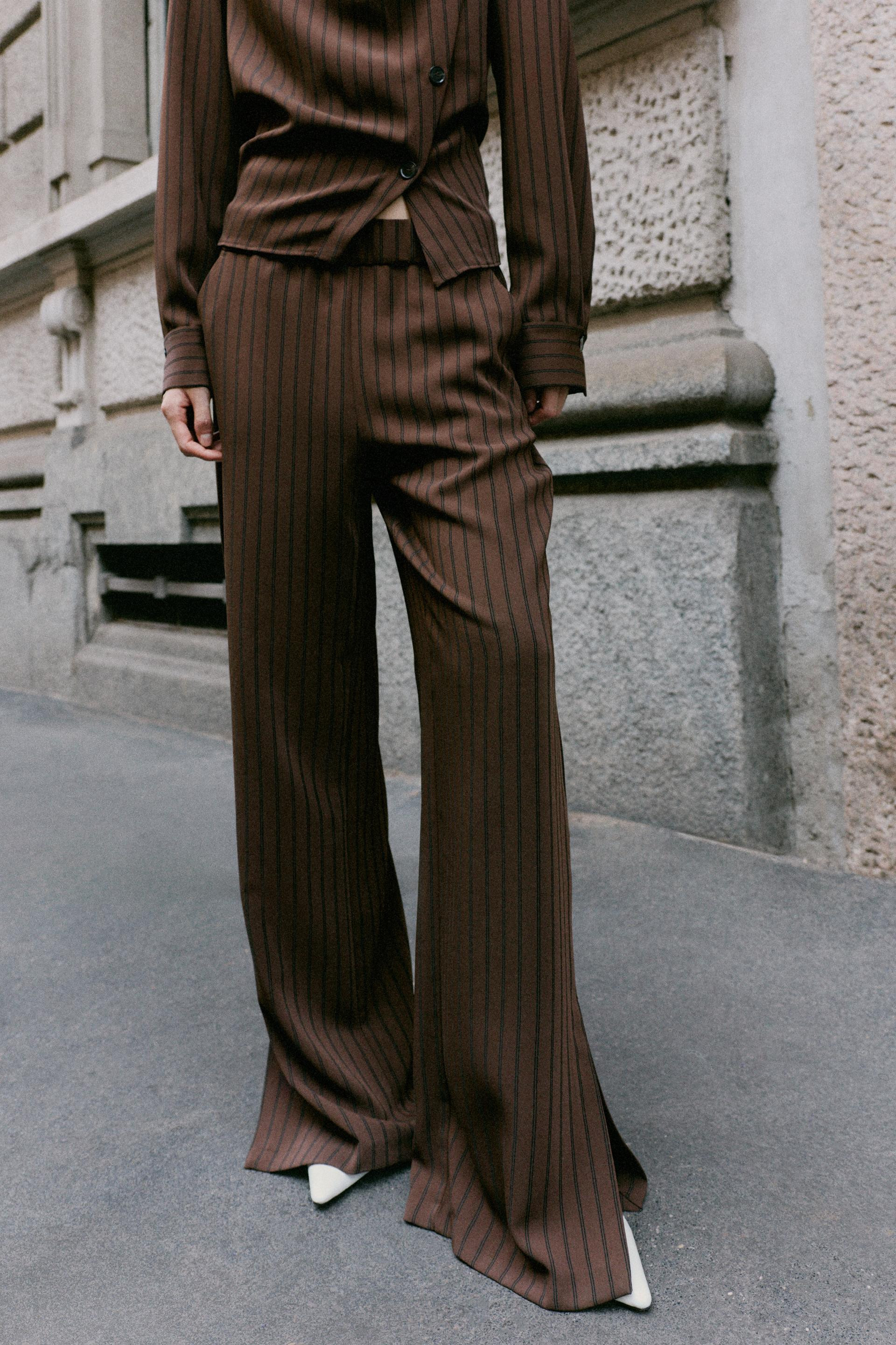 Zara - Striped Pants With Side Slits - Brown Stripes - M - Woman | Zara US
