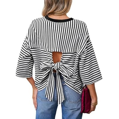 Dokotoo Womens Tops 2026 Striped Tie Back Short Sleeve T Shirts Crewneck Casual Loose… | Amazon (US)
