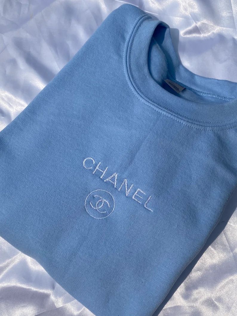 Light Blue C h a n e l Inspired Embroidered Crewneck | Etsy (US)