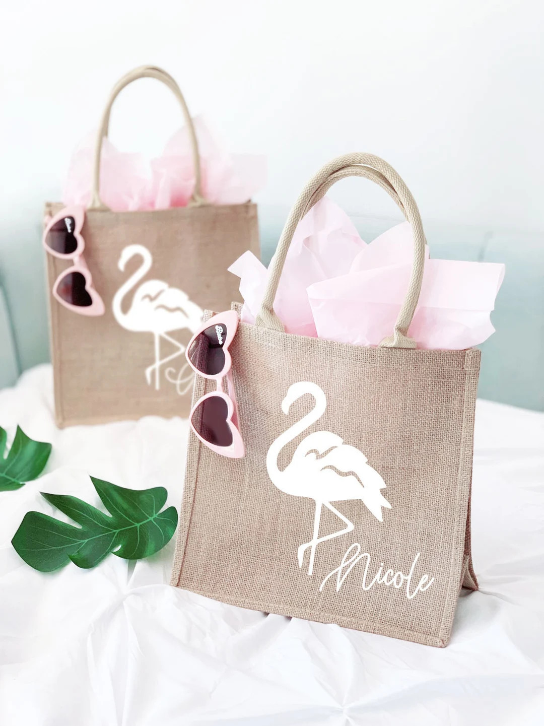 Flamingo Tote Bag Bachelorette Gift Bag Burlap Personalized Beach Tote Tropical Bridesmaid Gift I... | Etsy (US)