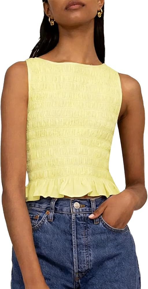 Women Shirred Tank Top Ruffle Sleeveless Tanks Frill Smocked Halter Cami Tops Summer Streetwear | Amazon (US)