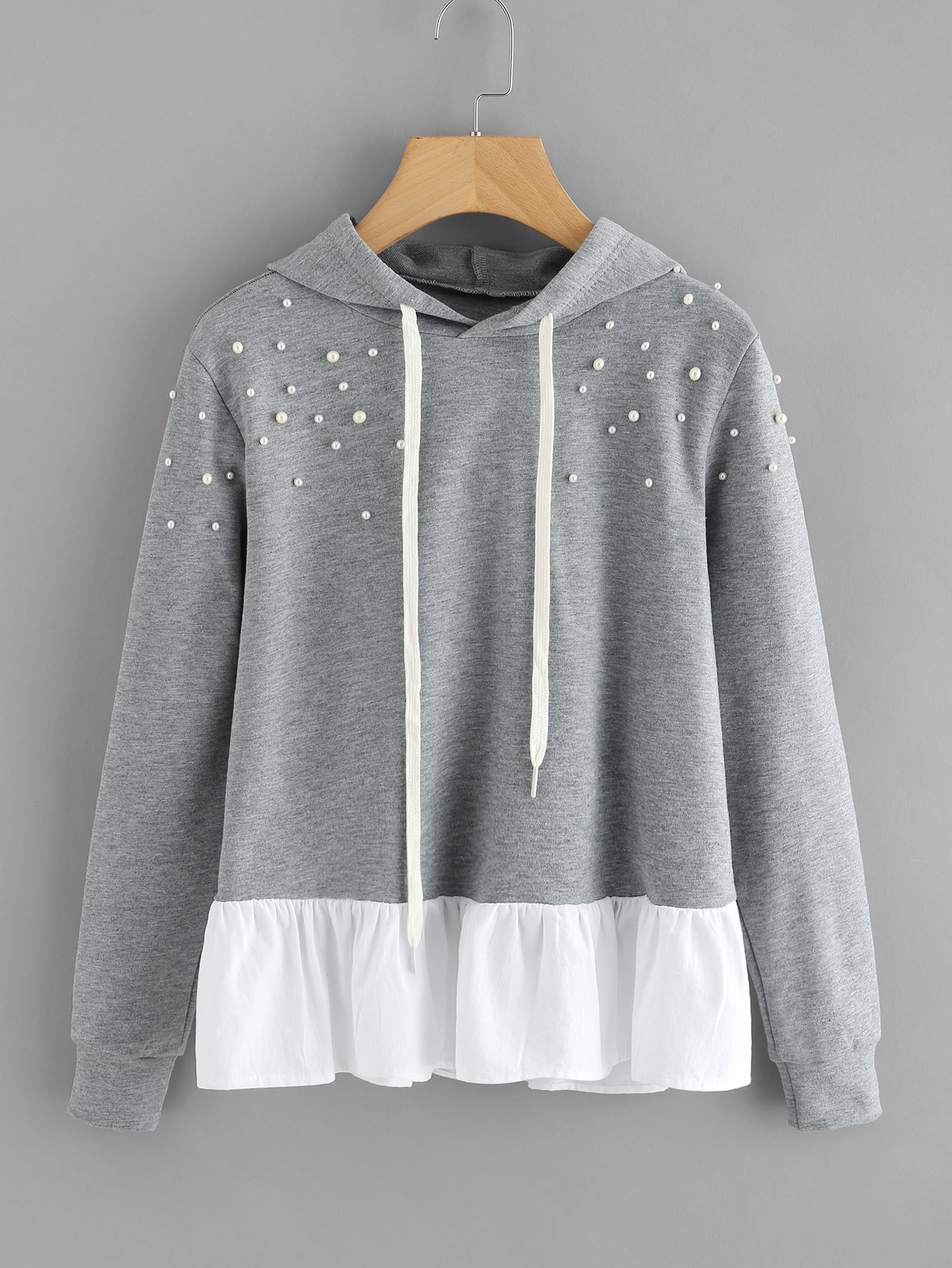Pearl Beaded Contrast Frill Hem Hoodie | SHEIN