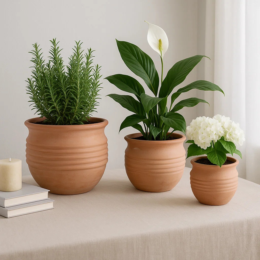 Hooge Set Of 3 Pottery And Clay Planters With Ribbed Design Crafted From Durable Earthenware Mate... | Wayfair North America