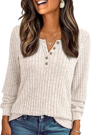 AUTOMET Long Sleeve Henley Shirts Women's Business Casual Lightweight Tunic Sweater Tops | Amazon (US)