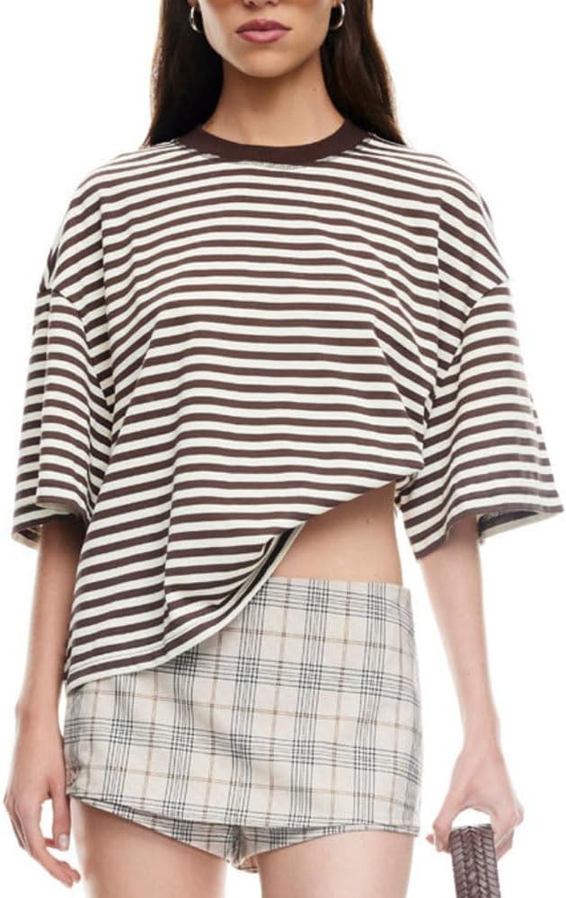 Y2k Women Oversized Striped Shirt Short Sleeve Crewneck Loose Fit T Shirts Casual Blouse Tee Fair... | Amazon (US)