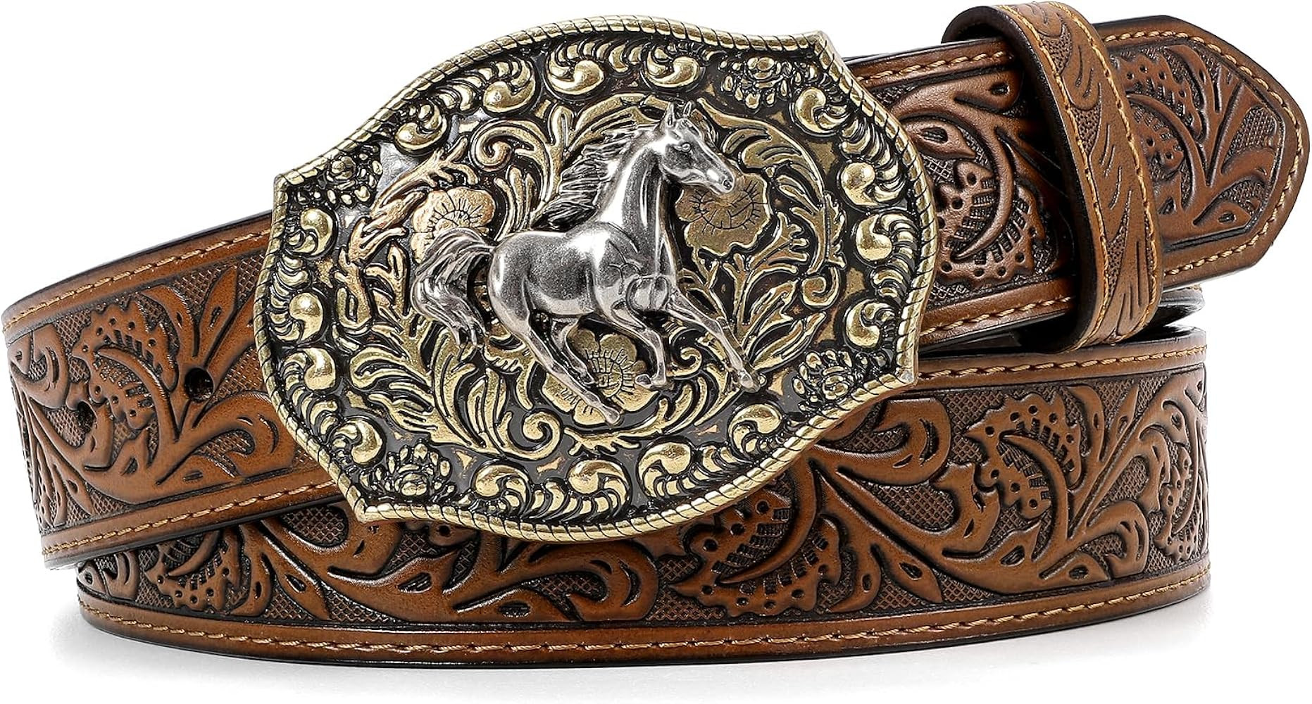 Cowboy Belts for Men Women Embossed Leather Western Belt with Horse Buckle | Amazon (US)