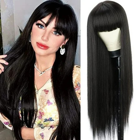 Lakihair Long Black Wig for Black Women Straight Human Hair Wigs with Bangs 24in | Walmart (US)
