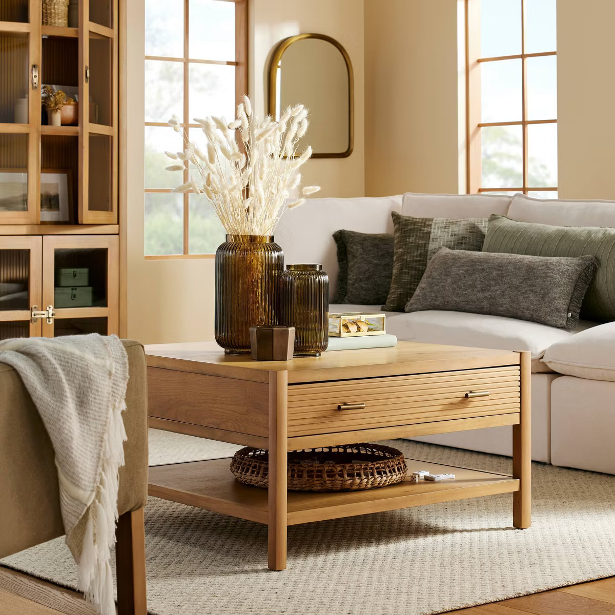 Grooved Wood Square Coffee Table with Drawer - Natural - Hearth & Hand™ with Magnolia | Target