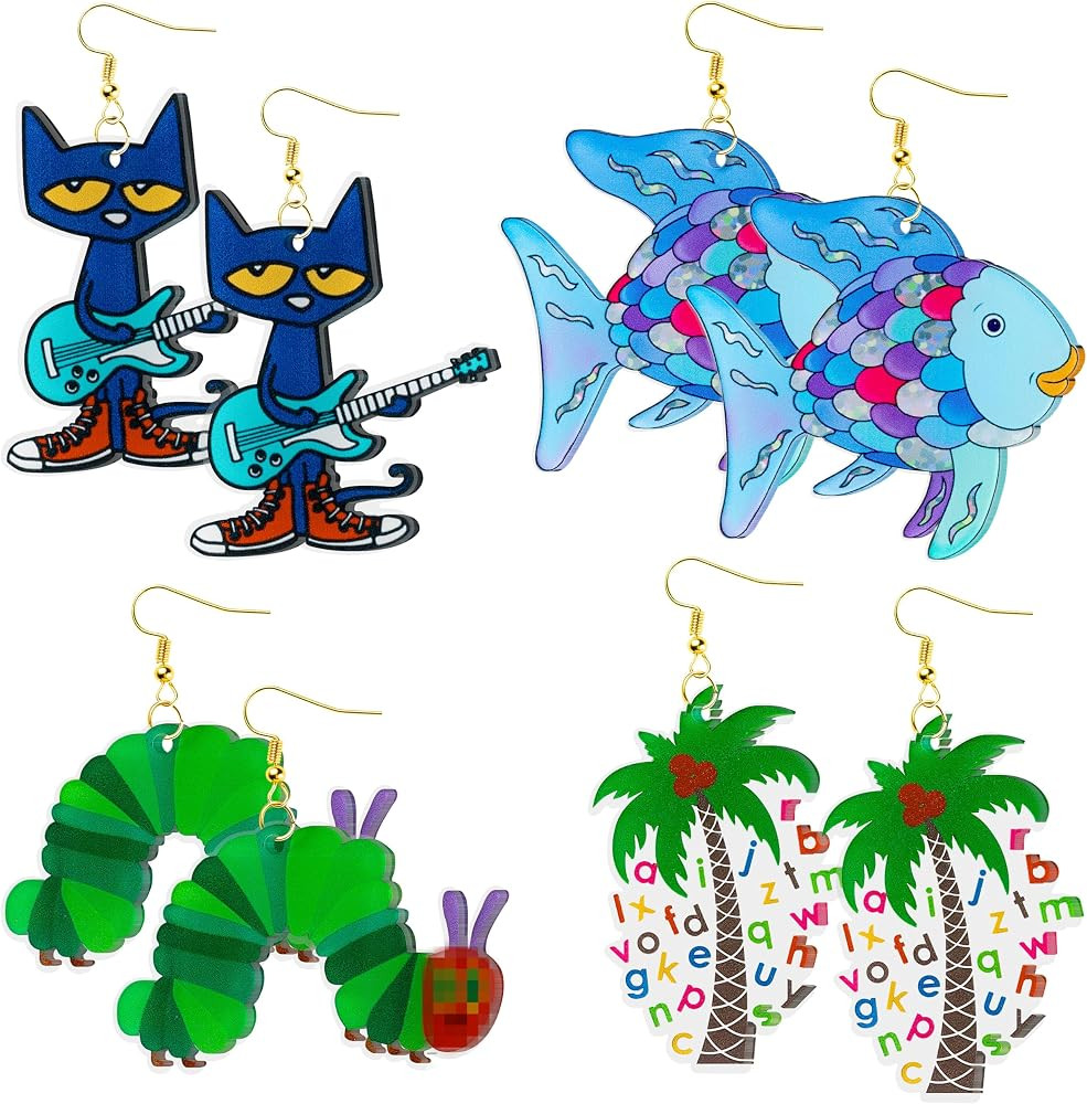 4 Pairs Reading Week Theme Dangle Earrings Guitar Cat Coconut Tree Rainbow Fish Funny Acrylic Hoo... | Amazon (US)
