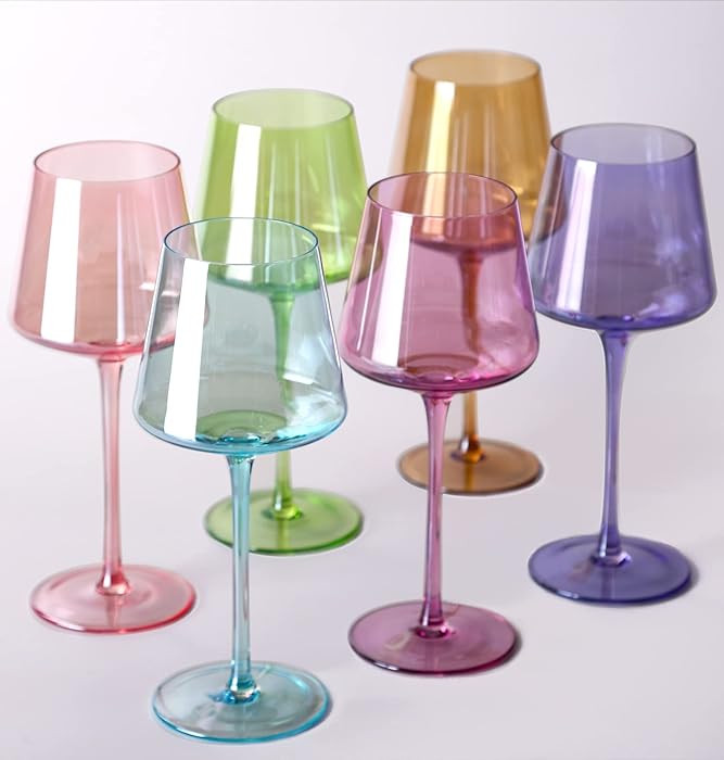 Colored Wine Glasses Set of 6-18oz【Hand Blown】 Crystal Colorful Wine Glass with With Long Ste... | Amazon (US)
