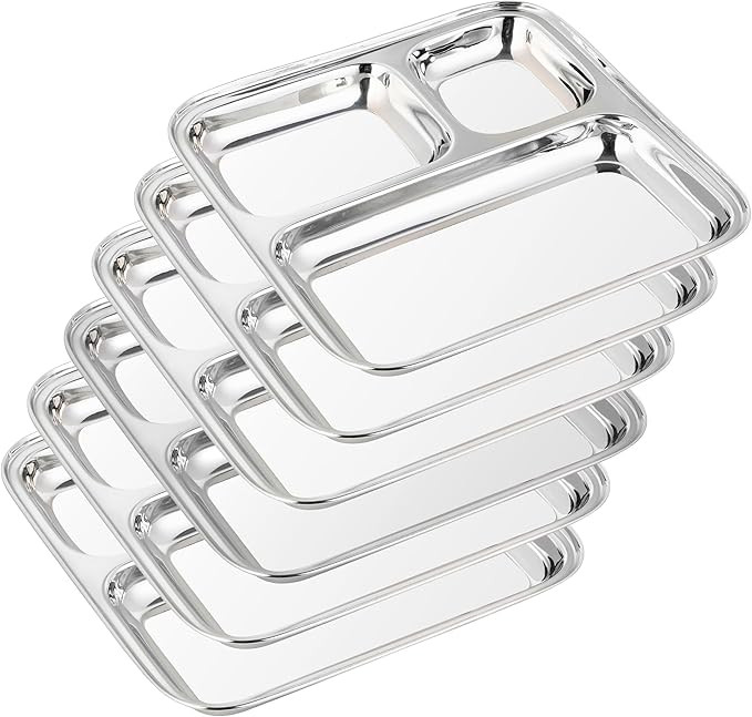 6-Pack Stainless Steel Compartment Plates Premium Dinner Plates, 3 Section Divided Trays 10 inch ... | Amazon (US)