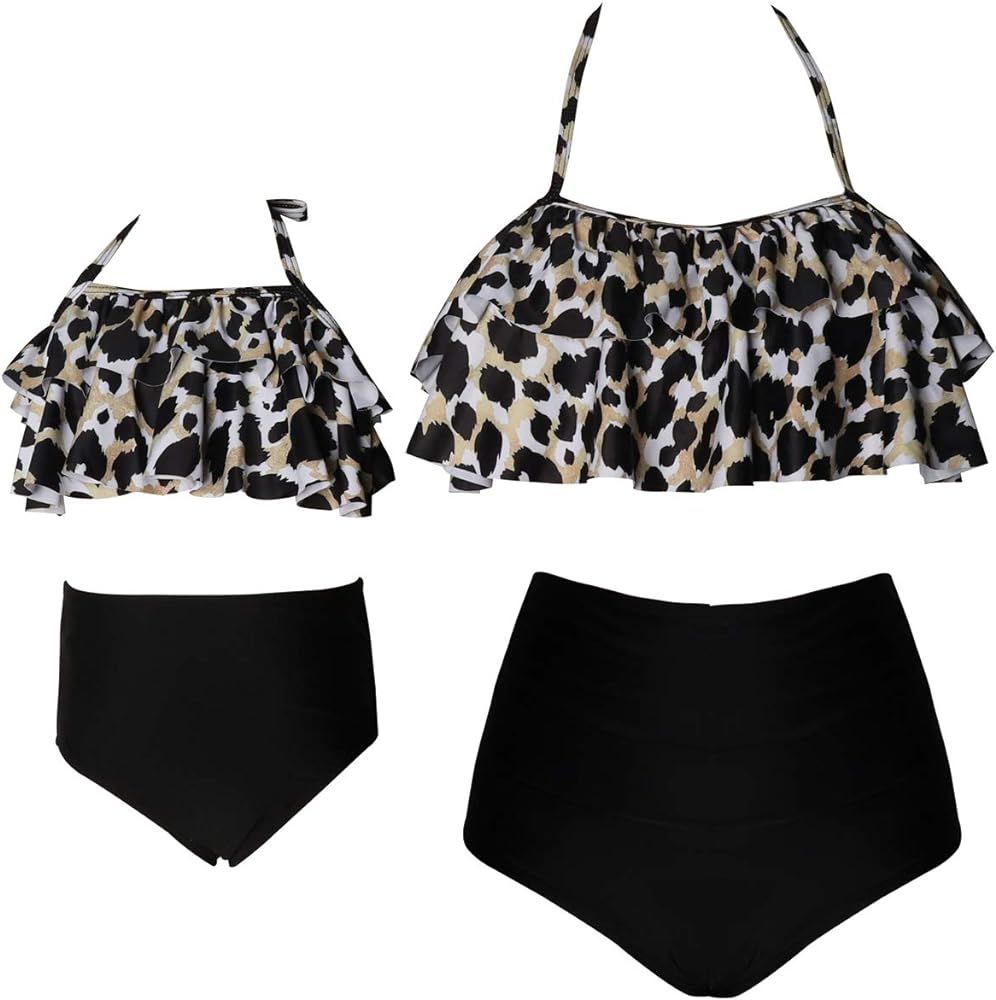 2Pcs Baby Girl Swimsuit High Waisted Bathing Suit Halter Neck Swimwear Women Bikini Sets for Family | Amazon (US)