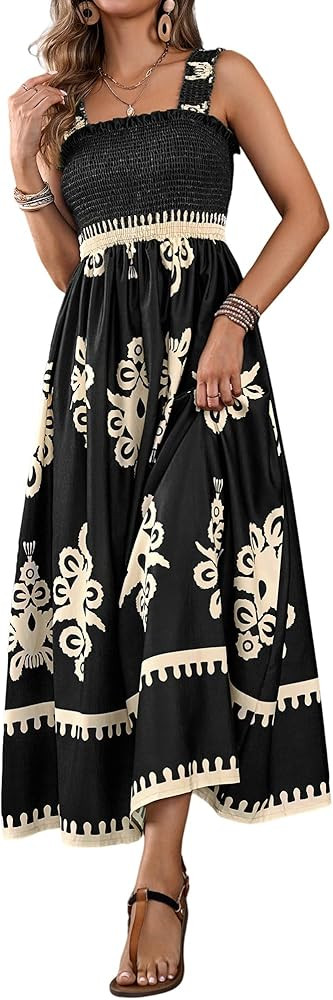 UEAL Womens Square Neck Boho Maxi Dress Casual Long Spring Summer Dresses Sundresses for Women Be... | Amazon (US)