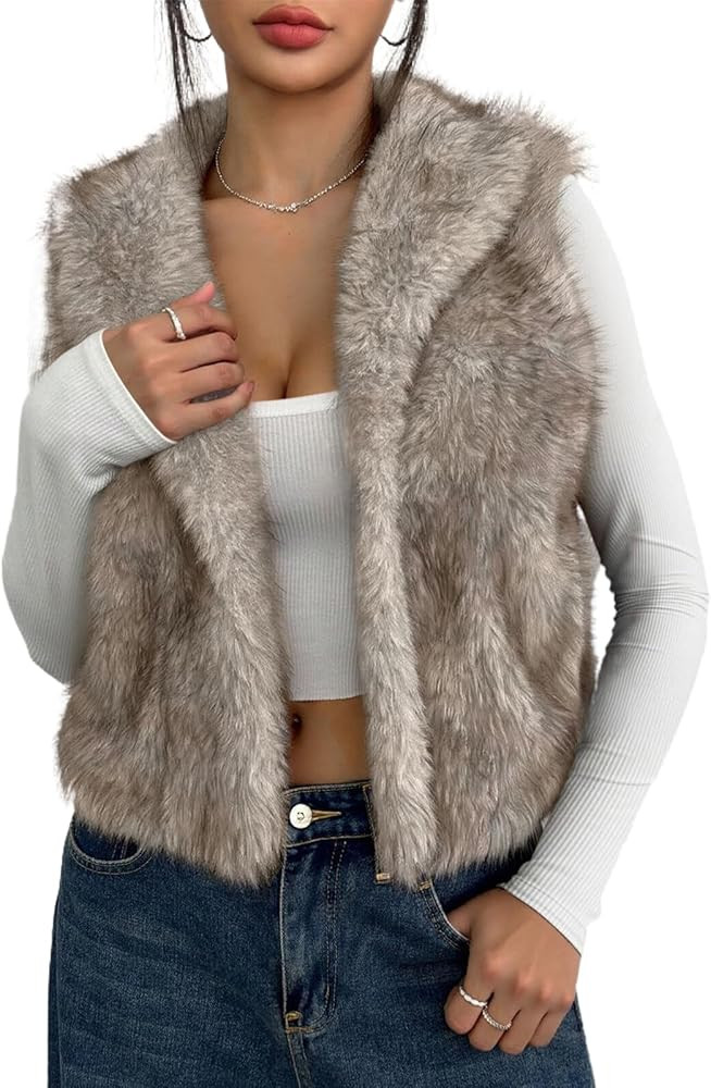 Womens Faux Fur Vest Collar Sleeveless Open Front Cardigan Top Fuzzy Coats Jacket Fluffy Outwear | Amazon (US)