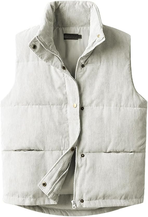 Womens Corduroy Puffer Vest Sleeveless Stand Collar Zip Up Snap Lightweight Jacket Padded Gilet O... | Amazon (US)