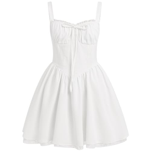 ABEWIP Corset Dresses for Women Spaghetti Straps Short Mini Floral Lace Bustier Dress Summer Boho Sundress White L | Amazon (US)