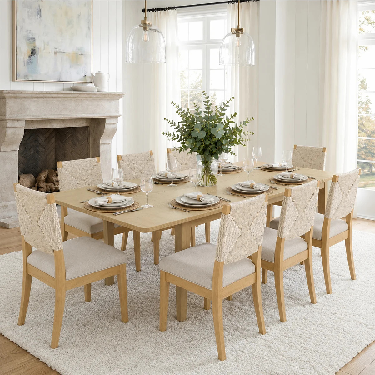 Jorge 9-Piece 63"-95" Extendable Solid Oak Dining Set With 8 Woven Chairs | Wayfair North America