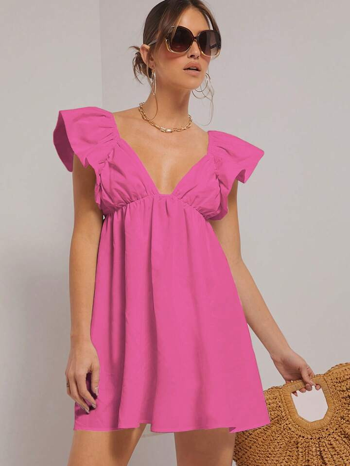 SHEIN Haute Women's Summer Solid Color Sweetheart Neckline Cap Sleeve A-Line Dress With Puff Slee... | SHEIN