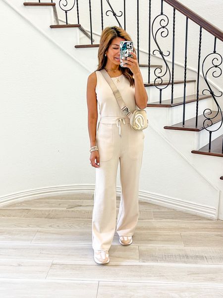 Spanx look-alike jumpsuit. It’s soooo good & comfy! Wearing small, tts; color is Apricot(like cream color in person). I’m also linking 3 other stores from Amazon that have this jumpsuit. 
Edit to add: I love this jumpsuit so much that I ordered the black color but it’s not the same quality as the cream color:just fyi.
Nike shoes tts.
Cream sports sandals fit tts
Romper at start  of reel is linked, fits tts(in XS).
Lululemon belt bag.
Amazon finds, Travel outfit, airport outfit, summer outfit, vacation outfit, casual outfit, Europe travel. 

#LTKunder50 #LTKFind #LTKtravel