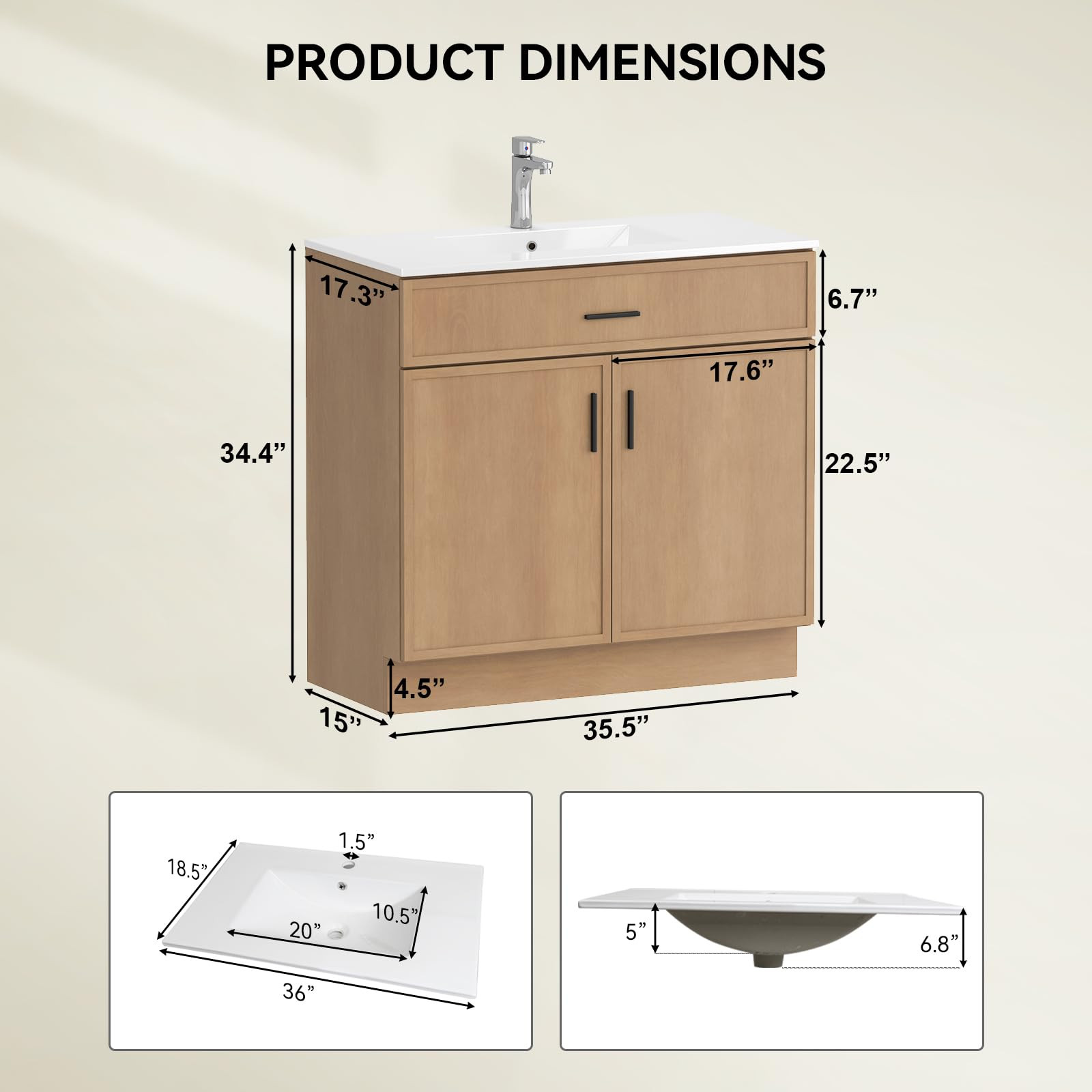 36 Inch Modern Bathroom Vanity with Sink, Natural wood color Freestanding Vanity for Floor Standi... | Amazon (US)