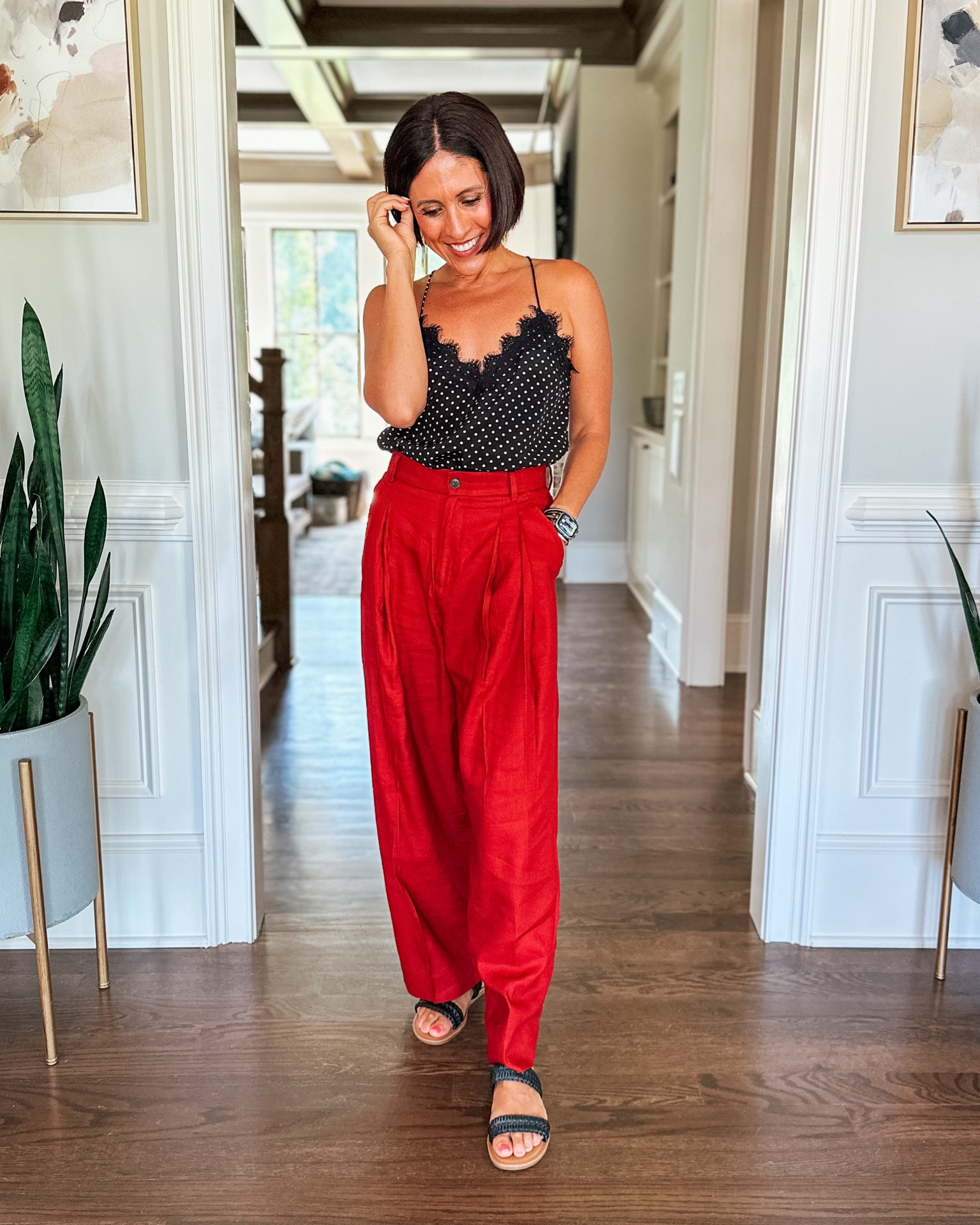 Lace cami. Polka dots. Wide leg pants. Red pants. Trouser pants. High waist pants. Linen pants  

#LTKover40 #LTKSeasonal #LTKsalealert