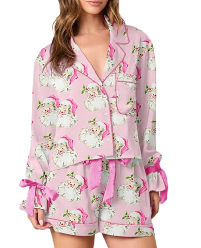 Luckinbaby Christmas Satin Silk 2 piece Pajamas Set Bow Tie Long Sleeve Shirts Ruffle Pants Santa Claus Sleepwear Pjs Set(Silk Pink,Small) | Amazon (US)