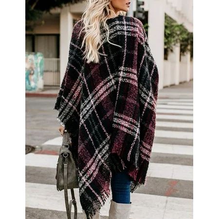 Topshe Women's Plaid Sweater Poncho Oversize Cape Coat Open Front Blanket Shawls Wraps Tassel | Walmart (US)