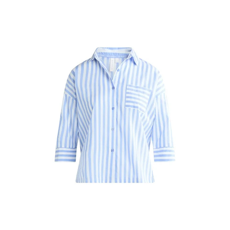 Joyspun Women’s Woven ¾ Sleeve Notch Collar Top and Boxer Shorts Pajama Set, Sizes XS-3X | Walmart (US)