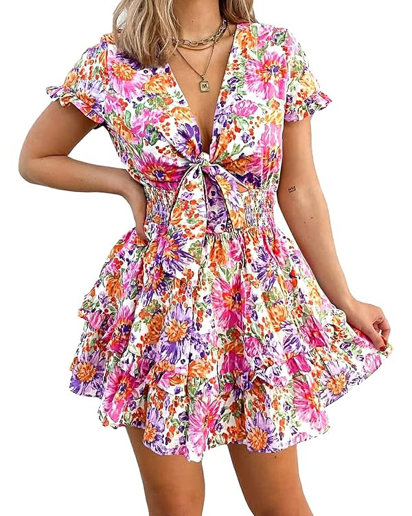 PRETTYGARDEN Women Summer Short Dress 2026 Casual V Neck Short Sleeve Tiered Bow Mini Sun Dresses... | Amazon (US)