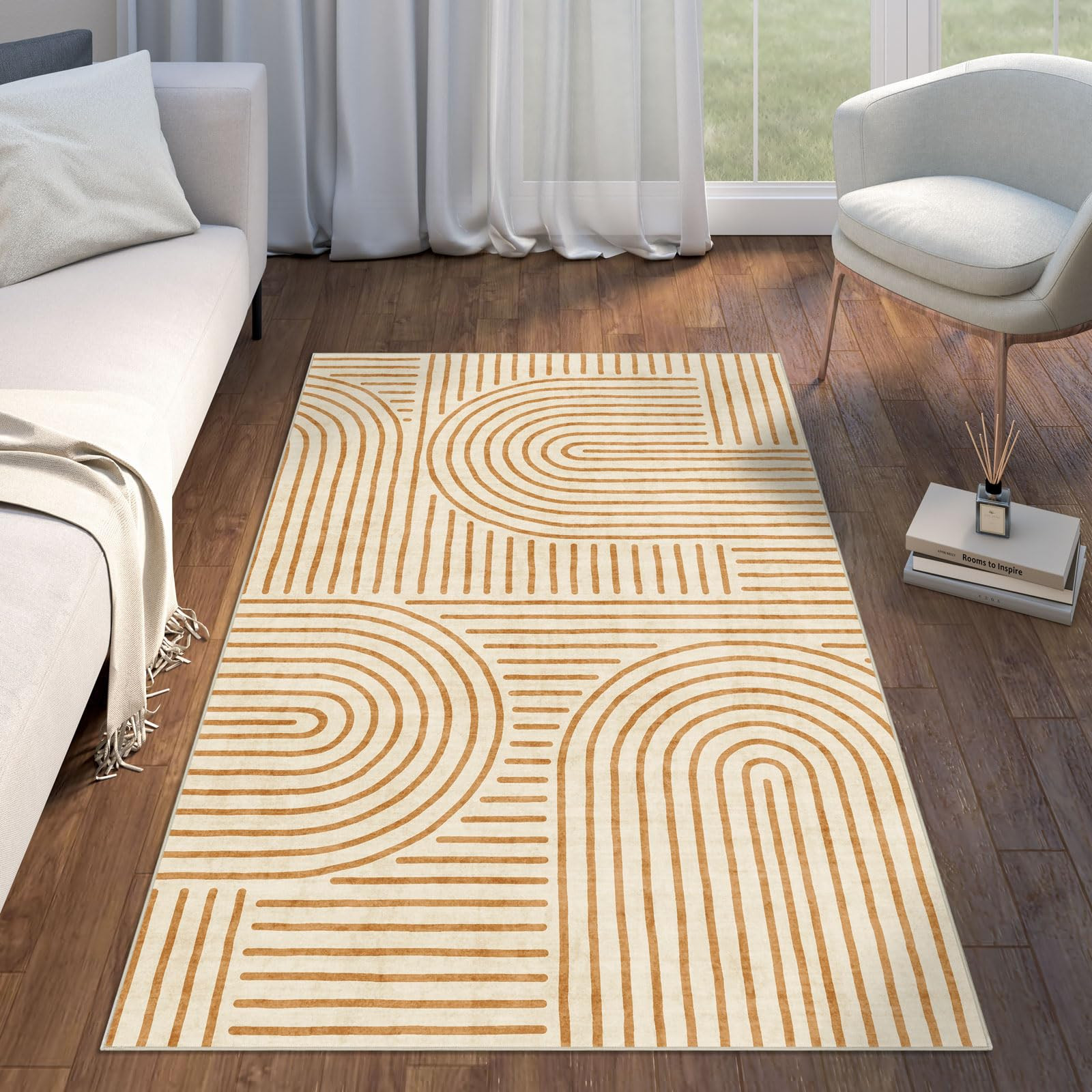 3x5 Washable Area Rug - Small Entryway Rug Non-Slip Orange Abstract Rainbow Kitchen Rugs Modern B... | Amazon (US)