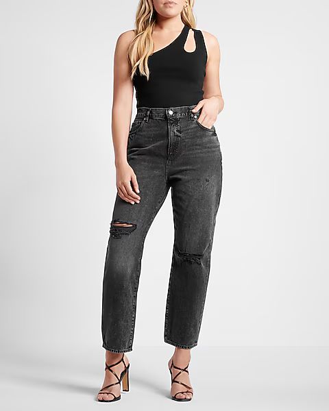 High Waisted Black Ripped Straight Ankle Jeans | Express