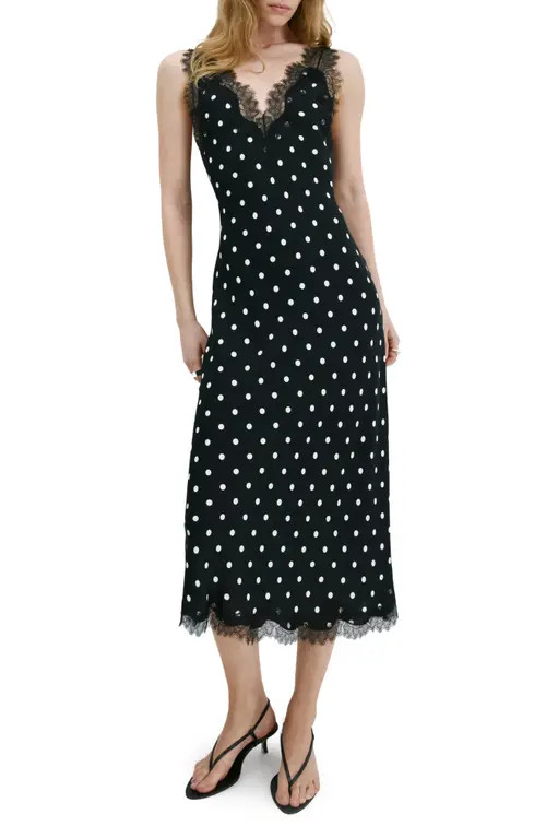 MANGO Lace Detail Polks Dot Dress in Black at Nordstrom, Size 2 | Nordstrom